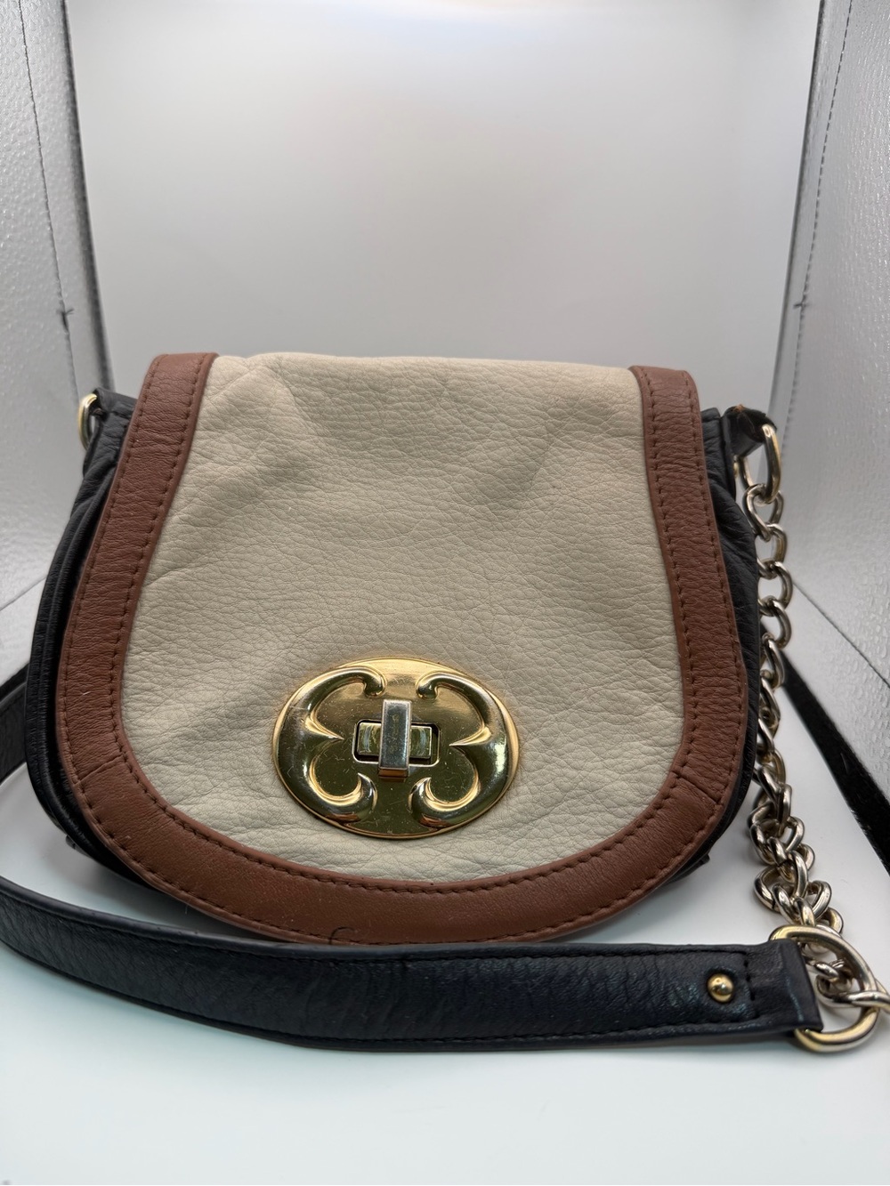 Emma Fox Cream, Brown & Black Leather Crossbody Saddle Bag